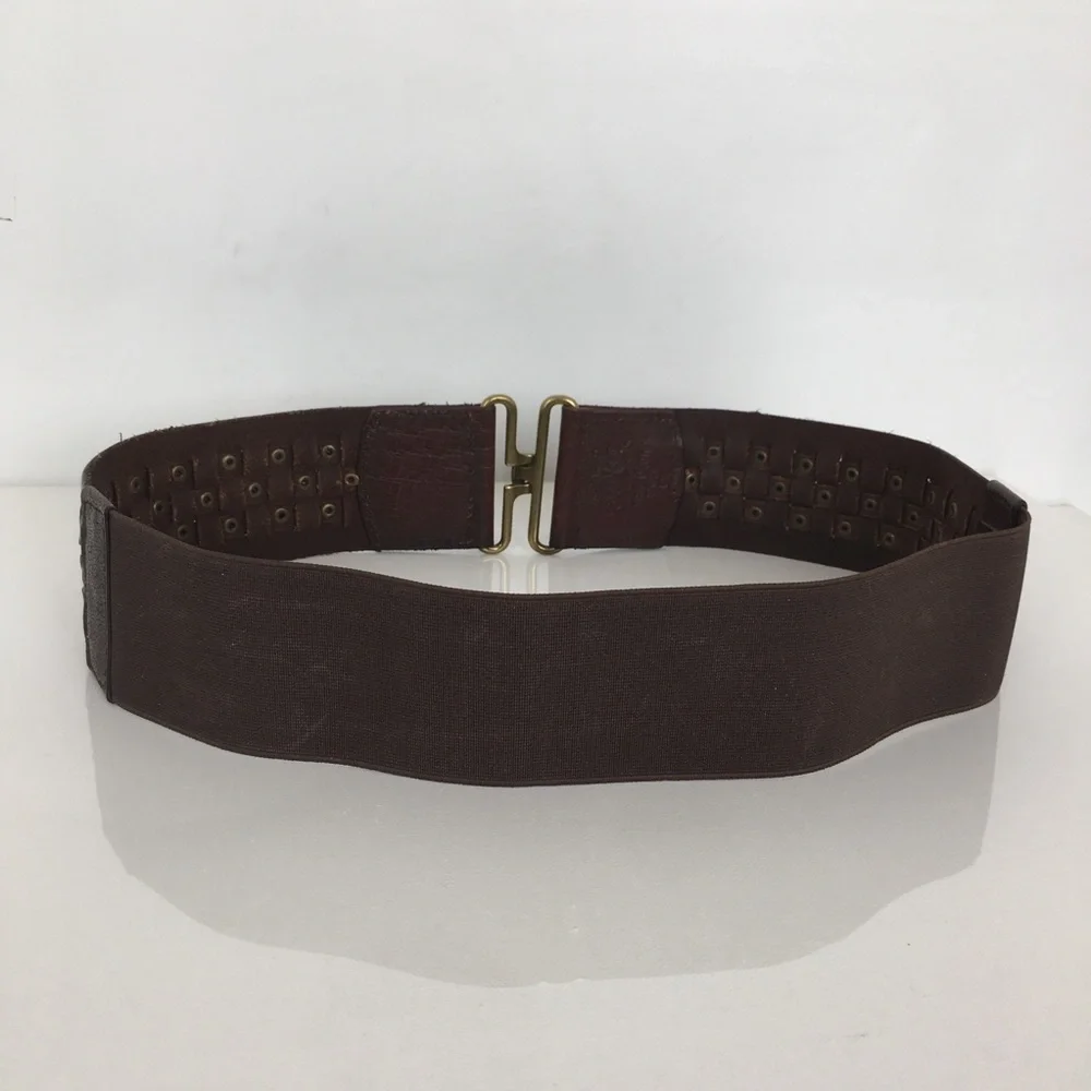 Wide Boho Woven Leather Stretchy Belt Brown with Brass Studs Women’s Size L/XL